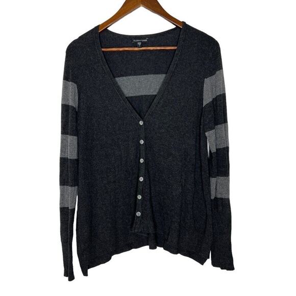 Eileen Fisher Gray Striped V-Neck Button Cardigan Sweater Size Small - Picture 1 of 8